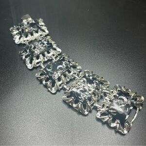 Vintage Silver Tone Chunky Link Bracelet Black Swirl Glass Lucite Statement